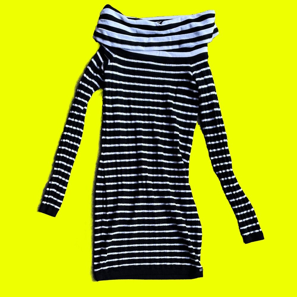 Guess Black and White Stripes Long Sleeve Cowl Neck Sweather Dress Size Small